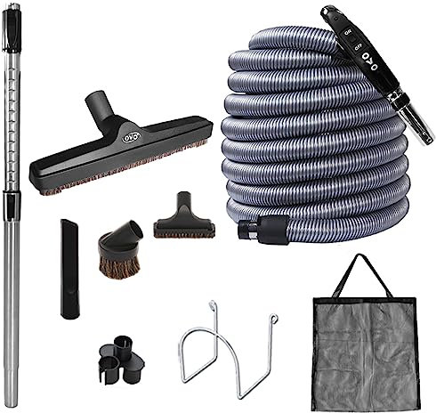 OVO Aspirateur Central Deluxe, Tuyau Basse Tension de 30/35/100/15,2 m, Interrupteur Marche/arrêt, Brosse de Sol de qualité supérieure, Outils de Nettoyage et Accessoires de Rangement Facile, pour