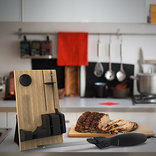 Electric Carving Knife Set with 2 Stainless Steel Blades, Comfort Grip Handle and Wood Storage Block For Slicing Bread, Meat, Etc By Classic Cuisine, Silver