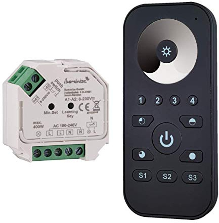 iluminize Funk Set Dimm-Aktor 200W / 400W Phasenabschnitt + Fernbedienung Mini für weiße LEDs, Mindestlast nur 5W, WICHTIG: nicht Zigbee 3.0 kompatibel (Dimm-Set)