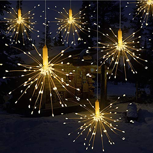 Qtiwe Luzes de fadas de Natal remotas ao ar livre LED com pilhas, fogos de artifício explosivos, branco quente (180 luzes)