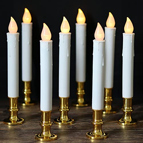 DRomance 9 Flameless Window Taper Candles Battery Operated with 8-Key Remote and Timer, 8 Pack White Christmas Holdiay Window Candles with Gold Holders, Suction Cups and AA Batteries Included