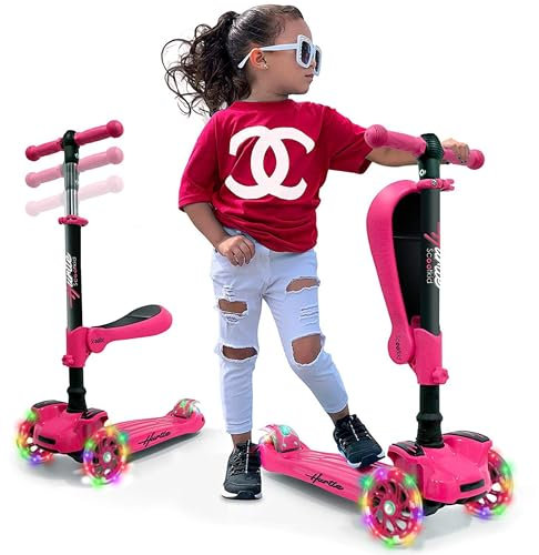 Hurtle Patinete niñas 3 Ruedas, Juguetes niños 2 años en adelante, con Asiento abatible, Altura Ajustable, monopatin 2 en 1, Luces Intermitentes, Color Rosa