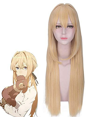 Anime Violet Evergarden perruque longue droite Blonde résistant à la chaleur cheveux synthétiques Perucas Cosplay perruques + bonnet de perruque PL-050