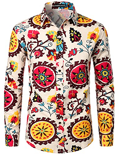 PARKLEES Camicia da uomo in cotone e lino, anni '70, disco, retrò, motivo tradizionale, stampato, a maniche lunghe, con chiusura a bottoni, Beige giallo., M