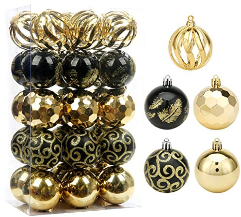 ROSELEAF Weihnachtsbaumschmuck, 30 ct Weihnachtskugel-Dekorationsset, 6 cm, Schwarz und Gold, Bruchsicher, Hängend, Kunststoff Polyethylenterephthalat, Ideal für Weihnachten und Halloween