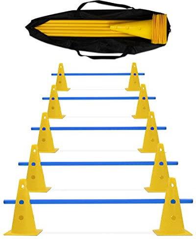 SPORTIKEL24 Cavaletti-Hürden 5er-Set – Gelb/Blau – mit Tragetasche – für Agility, Reha & Kindersport – höhenverstellbar & mobil