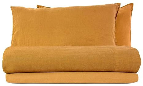 Lisola Completo Lenzuola Letto Singolo in Lino StoneWashed No Stiro, Lenzuolo Sopra 160x285cm, Lenzuolo Sotto 90x200x30cm, 1 Federa 50x80cm, Made in Italy, Modello: Exclusive, ColoreAmbra
