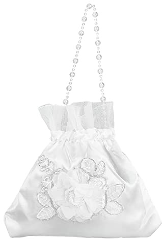 CRASPIRE Bride Handbag 8.38x8.7 Rose Satin Bridal Money Bag White Rose Embroidery Silk Drawstring Purse With Pearl for Dollar Dance Wedding Favor Party