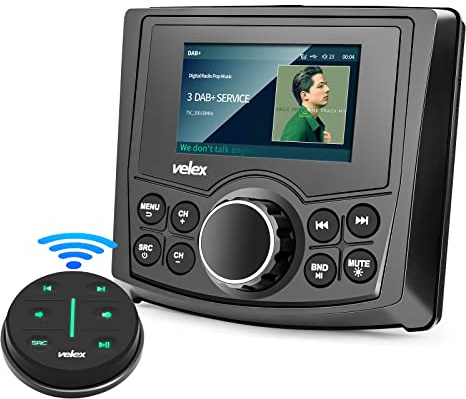 Velex Marine Stereo - Premium Marine Media Player con telecomando wireless - Marine Stereo 4x45W per barca, carrello da golf, UTV, Spa - Advanced Marine Head Unit Bluetooth - 25 piedi