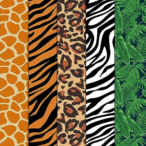 Whaline Baumwollstoffbündel mit Safari-Thema, 45.7x55.9 cm, Tierdruck, Fat Quarters, Safari, Tier, Quilten, Patchwork, Quadrate, Nähstoffe, für DIY, handgefertigt, Heimparty-Dekoration, 5 Stück