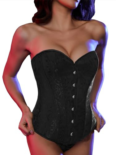 SLIMBELLE Mujeres Bustier corsé superior floral encaje deshuesado overbust gótico sexy cintura cincher para Navidad y fiestas con 1 G-String (FR/ES, Letras, S, Regular, Regular, Encaje negro)