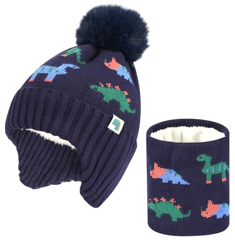 Conjunto de Gorro y Bufanda de Punto de Invierno para Niños, Gorros de Gorro de Punto cálidos y Suaves y Gruesos Conjunto de Calentador de Cuello con patrón de Dinosaurio para niños de 2 a 6 años