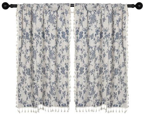 Moslovstar 2 Paneele Leinenvorhänge mit Quasten, Bauernhaus, blau, floral, Vintage, halbtransparenter Fenstervorhang für Küche und Bad, 66 x 92 cm, Stufenvorhang