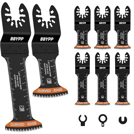BBYPP 6pcs Curved Japanese Tooth Oscillating Saw Blades set, Standard & Extra-Long Reach Set, Arc Edge Oscillating Multitool Blades Clean Cut for Wood, Plastic