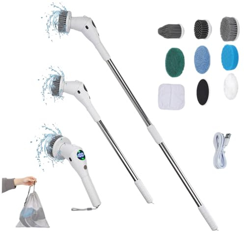 Taoke Electric Scrubber Brushes, 8 Replaceable Cleaning Heads & Adjustable Handle, 3 Speeds, with Night Light and LED Display, Bathroom Grout Floor Wall Sink Scrubber