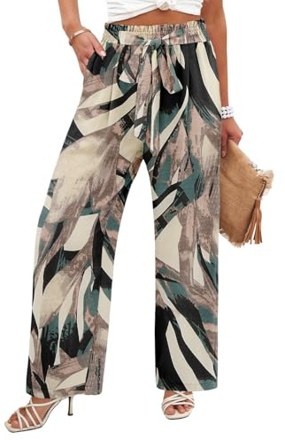 Angerella Womens Fashion Print Palazzo Pants Summer Wide Leg High Waist Adjustable Knot Boho Casual Lounge Pant Trousers with Pocket BeigeGreen L