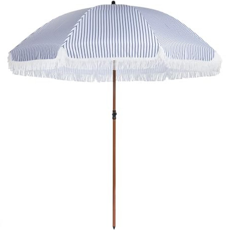 Parasol de plage portable 210cm avec frange, parasol de jardin rayé avec inclinaison et hauteur réglables, imperméable, protection UV UPF50+