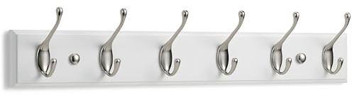 LARHN Garderobenhaken Weiß - Garderobenleiste Weiß mit 6 Haken in Nickel Matt - 59 cm - Kleiderhaken Wand - Wandgarderobe für Flure, Garderoben, Schlafzimmer und Badezimmer