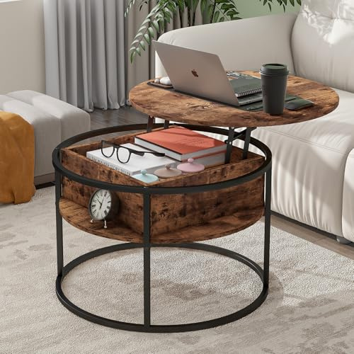 HOJINLINERO Runt soffbord, lyft topp soffbord för vardagsrum, Wsooden soffbord med dold förvaring och upplyftning, modern soffa, mittbord, vardagsrumsmöbler, brun