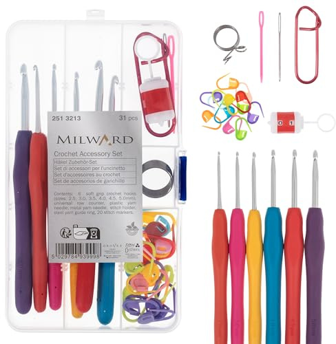 Milward Crochet Accessory Kit – 31 Piece Crocheting Essentials Starter Pack, 6 Crochet Hooks, Row Counter, Yarn Needles, Stitch Holder, Yarn Guide, Stitch Markers in Pocket Travel Size Reusable Box