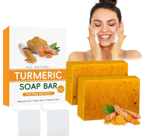 2PCS Turmeric Soap Bar, Natural Handmade Kojic Acid Soap for Face & Body, Dark Spot Acne Blackheads Remover for Even Skin Tone, Moisturizing Erase Fine Lines, Gentle Vitamins C Soaps with Foaming Nets