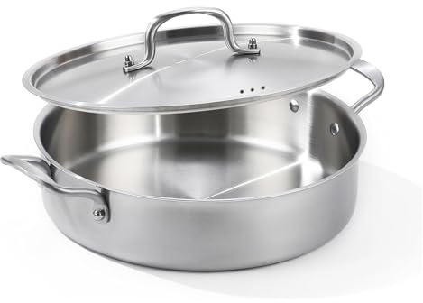 Yeksum Deep Frying Pan with Lid, 6 Quart Tri-Ply Stainless Steel Saute Pan, 12inch Saute Pan with Lid, Rondeau Pot Compatible with All Cooktops Up to 600℉