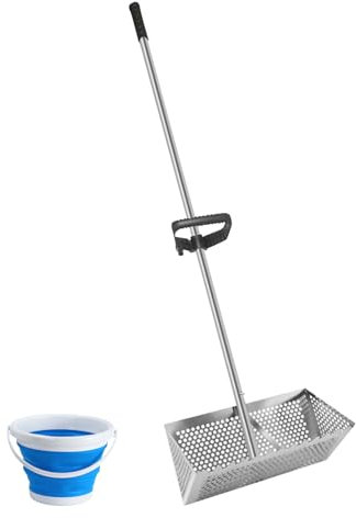 y rastrillo antipulgas de acero inoxidable 304, rastrillo de pesca de mango largo desmontable de 47 pulgadas con balde de pesca plegable y mango negro que ahorra mano de obra para rastrillo de dient