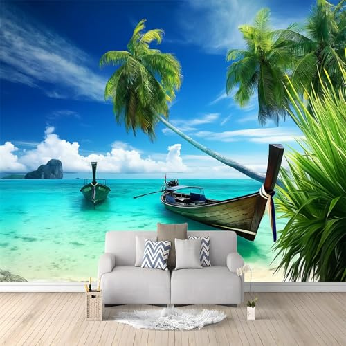 Générique Papier Peint Effet 3D Île Tropicale Plage Bateaux Palmiers Bleu Photo Peintures Murales Salon Tv Canapé Thème Hôtel De Luxe Couloir Fond Mur Peinture Décor À La Maison 400 x 280 cm