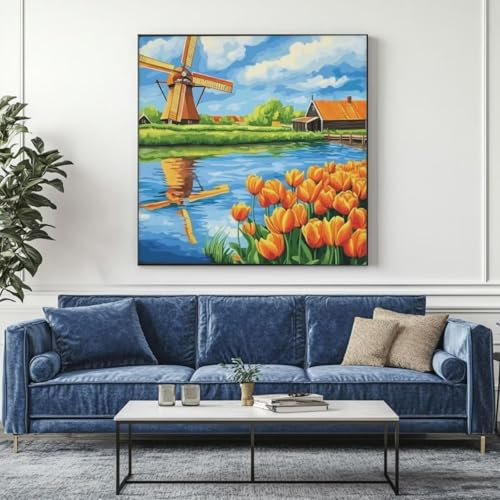 5D Diamond Painting Windmühle Bauernhaus Diamant Painting Bilder, DIY Rundbohrer Diamond Art Diamond Painting, Basteln Erwachsene Diamant Kunst Malerei Stickerei Set, Home Wand Decor 35x35 cm -yz465