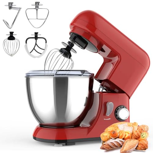 PPLDABNK 4.5QT Tilt-Head Stand Mixer, 1300W Powerful Electric Food Mixer with 6 Speeds & 4L Large Capacity – Includes Splash-Proof Cover & Safety Features,Red