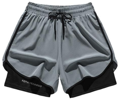 RLEHJN Mens Gym Shorts Summer 2 in 1 Compression Liner Running Sports Short Casual Elasticated Waist Short Pants Athletic Outdoor Workout Training Shorts for Walking, Hiking & Camping M-5XL Gray