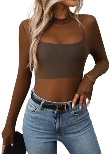 AIEOE Mujeres Sexy Tops Transparente Party Malla Sheer Tops Transparente Clubwear Cocktail Camisetas Y2K Talla S Marrón
