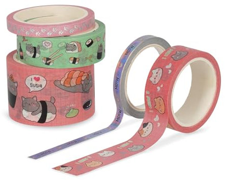 Legami - Juego de 5 cintas adhesivas, Tape by Tape, Kitty, longitud 5 m, cintas adhesivas de colores en papel, 3 cintas diferentes para grosor y fantasía