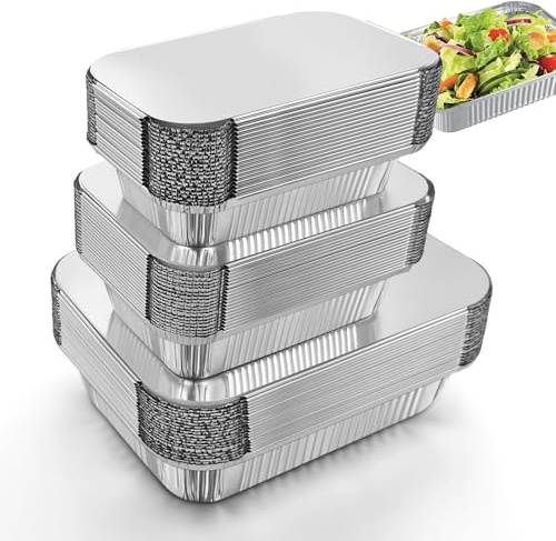 Notwoe® - Lote de 60 bandejas de aluminio con tapa, 3 tamaños (20 por tamaño) 1750 ml/700 ml/410 ml, bandeja de alimentos desechables reutilizable para barbacoa, cocina, parrilla (60 paquetes w/lids)