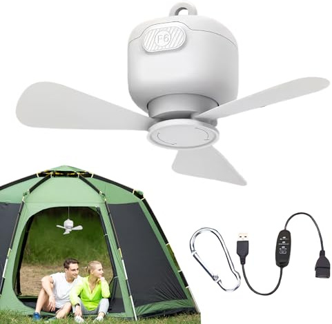 ycezw Ventilador de techo portátil silencioso y suspendente – Ventilador de techo USB 3 velocidades ajustable para porche, tienda, autocaravana, pérgola, exterior, mirador, dormitorio, terraza