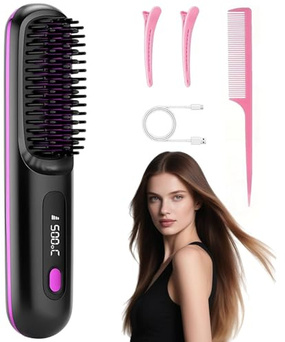 Stylingbürste Für Kurze Haare, Stylingbürste für Kurze Haare, Haarbürste Elektrisch Go Brush Pro Glättbürste Kabellos, 3 Temperaturstufen, Wiederaufladbare Glätteisen für Glätten und Locken