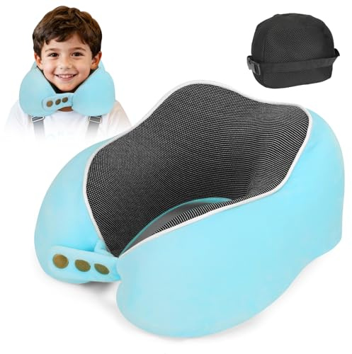 Glowturn Coussin de Voyage Enfant & Adulte | 2 Tailles – Mousse à Mémoire 220 g, Soutien 360°, Réglable & Pliable – Avion, Train, Voiture, Housse Respirante, Bleu
