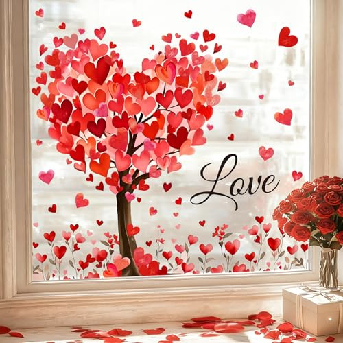 Whaline 6 Sheets Valentine' s Day Window Clings Window Decal Large Romantic Love Heart Tree Reusable Anti-Collision Windows Decor for Wedding Anniversary Home Party Supplies