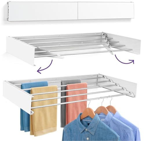 Altaudia Tendedero Extensible de Pared 100cm Antioxidante - Invisible y Plegable con 5 Tubos de Aluminio, Extensible 9.5-50cm, Instalación en Pared Interior o Exterior, Instala sin Dificultad