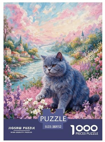 Puzzle British Chat à Poil Court 1000 Pièces pour Enfants Et Adultes, Jeu Ludique Et Instructif, Casse-tête Rivière Buisson Fleuri, Décoration Intérieure, Cadeau Adulte 52x38cm/1000pcs