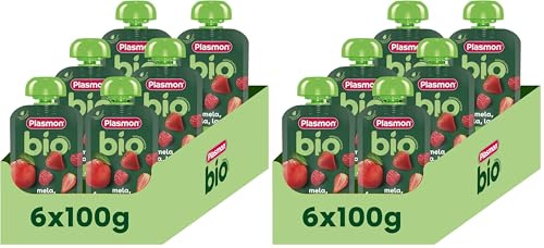 Plasmon BIO Pouch Mela Fragola Lampone 100g (6 Pezzi) (Confezione da 2)