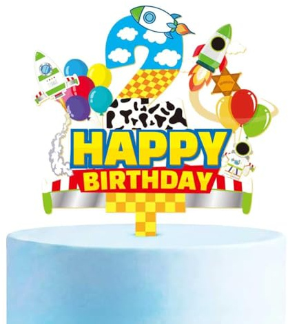 Cartoon Story 2nd Birthday Cake Toppers, Blue Sky and White Clouds Rocket Party Decorations, Suitable For Toy Themed Party Supplies