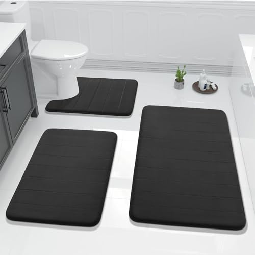 Rudfovn 3 Piece Bathroom Mat Set, Non slip Machine Washable Water Absorbent Soft Toilet Rugs Shower Mat for Bathroom Floor