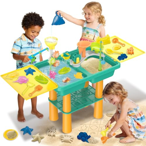 deAO Tavolo con Sabbia e Acqua per Bambini, Tavolo da Gioco, Tavolo Multifunzione, 26 PCS, 2 Canne da Pesca, Paletta per Sabbia, Ruota dell’Acqua, Tavolo da Gioco con Coperchio, 3 Anni+ (Turchese)