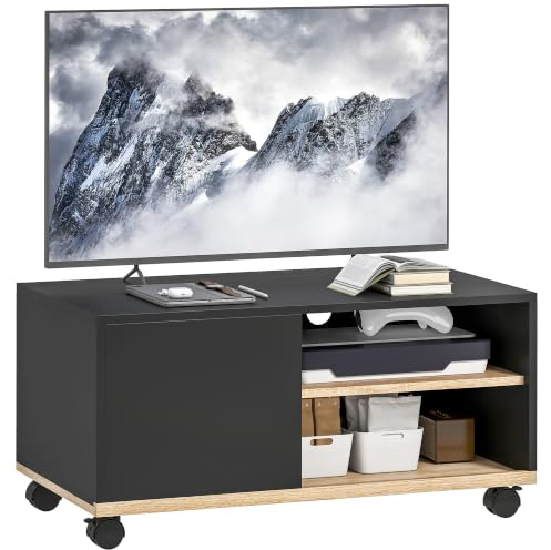 HOMCOM TV Schrank Lowboard auf Rollen Schwarz und Eiche 80 x 45 x 41 cm | Schrank, Kabelführung, Verstellbare Ablage, Fernsehtisch für Fernseher bis 32 Zoll, TV Unterschrank
