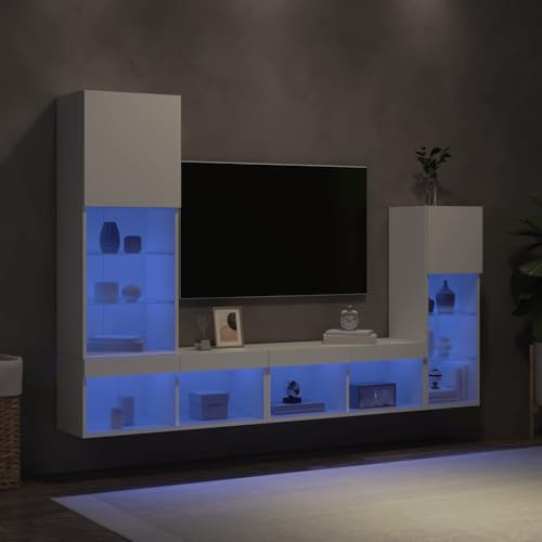 Tonture Unités murales TV en Bois d'ingénierie Blanc avec LED RVB 4 pièces, Meuble TV Suspendu avec Rangement et niches, Design Moderne scandinave pour Salon Chambre séjour