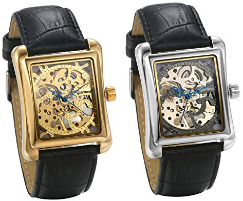 JewelryWe Herrklocka analog automatisk klocka automatisk mekanisk läderrem rektangel skelett armbandsur automatisk klocka, guld/silver, 2 st. (guld/silver), Juldag, födelsedag