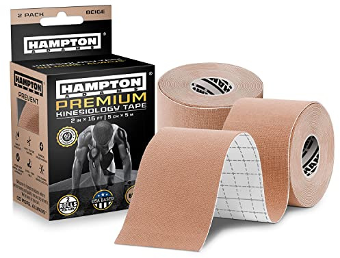 Hampton Adams | As Seen on Shark Tank | Elastic Kinesiology Tape (2-Pack) | Uncut Athletic Tape Supports & Protects Muscles Knees Shoulders & Plantar Fasciitis | Waterproof Hypoallergenic (Beige)