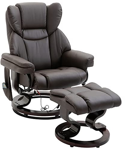 HOMCOM Relaxsessel mit Hocker, 360°drehbarer Fernsehsessel mit Massage, Liegefunktion, Massagesessel mit Seitentasche, Liegesessel, Kunstleder für Wohnzimmer Braun