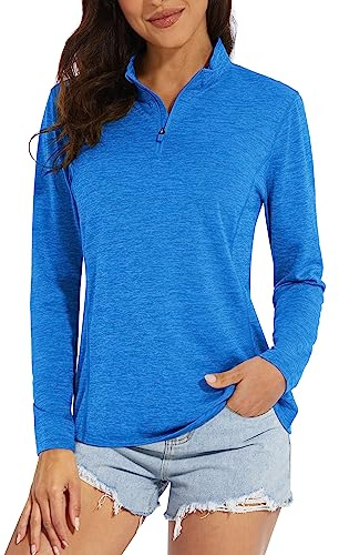 MAGCOMSEN Quarter Pullover Women Moisture Wicking Shirts Running Tops for Women Sun Protection Shirts Sea Blue L
